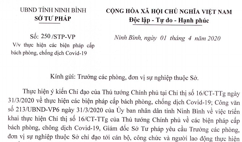 Chỉ đạo của Giám đốc Sở Tư pháp Ninh Bình về việc thực hiện các biện pháp cấp bách phòng, chống dịch Covid-19