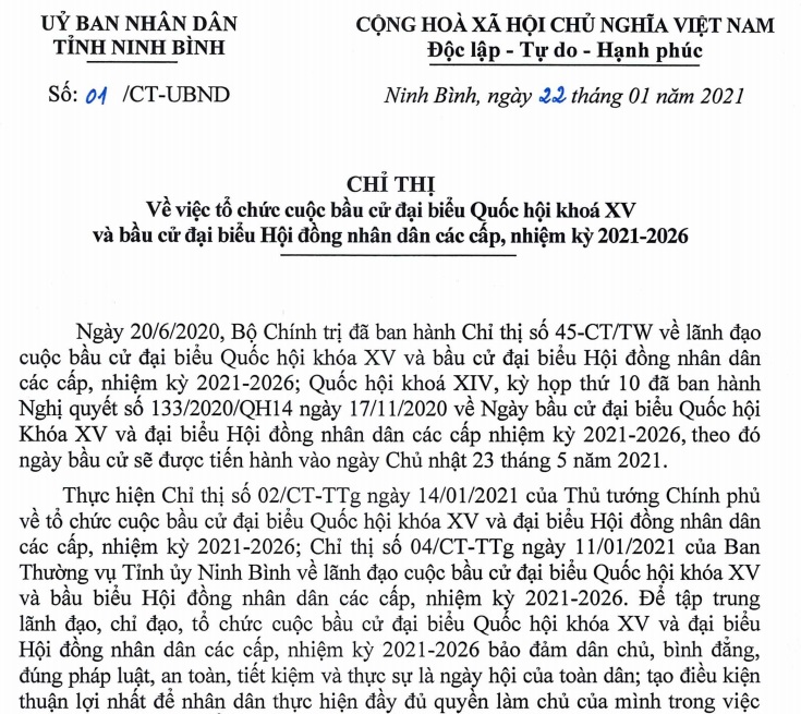 Chỉ thị của UBND tỉnh Ninh Bình về việc tổ chức cuộc bầu cử đại biểu Quốc hội khóa XV và bầu cử đại biểu Hội đồng nhân dân các cấp, nhiệm kỳ 2021-2026