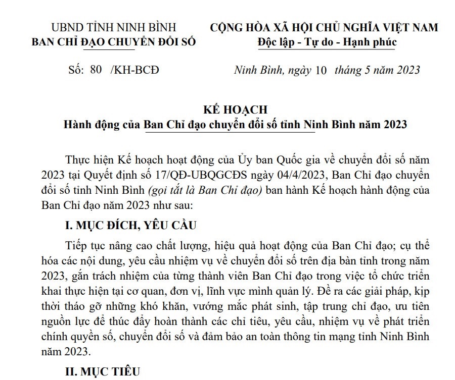 Kế hoạch hành động của Ban chỉ đạo chuyển đổi số tỉnh Ninh Bình năm 2023