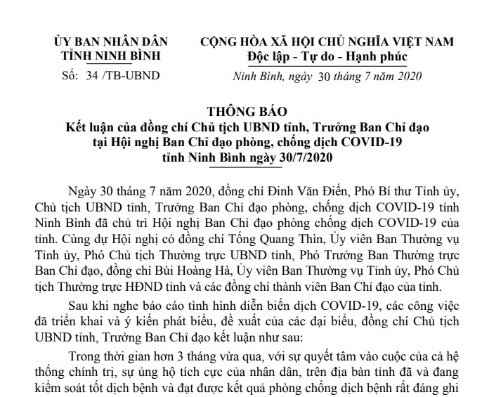 Thông báo Kết luận của đồng chí Chủ tịch UBND tỉnh, Trưởng Ban Chỉ đạo tại Hội nghị Ban Chỉ đạo phòng, chống dịch COVID-19 tỉnh Ninh Bình ngày 30/7/2020