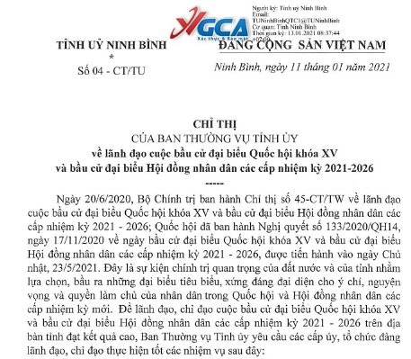Chỉ thị số 04-CT/TU ngày 11/01/2021 của Ban Thường vụ tỉnh ủy Ninh Bình về lãnh đạo Cuộc bầu cử ĐBQH khóa XV và bầu cử đại biểu HĐND các cấp nhiệm kỳ 2021-2026