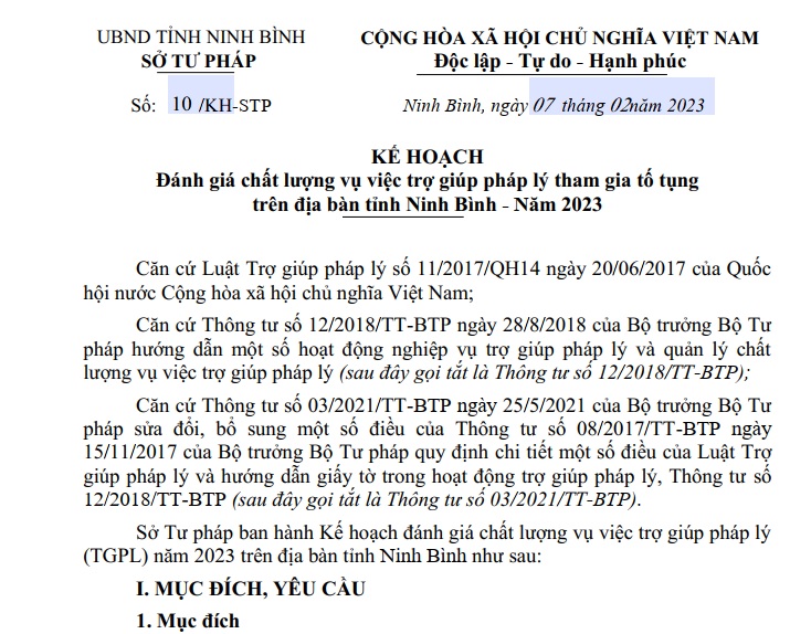 Kế hoạch đánh giá chất lượng vụ việc Trợ giúp pháp lý tham gia tố tụng trên địa bàn tỉnh Ninh Bình năm 2023