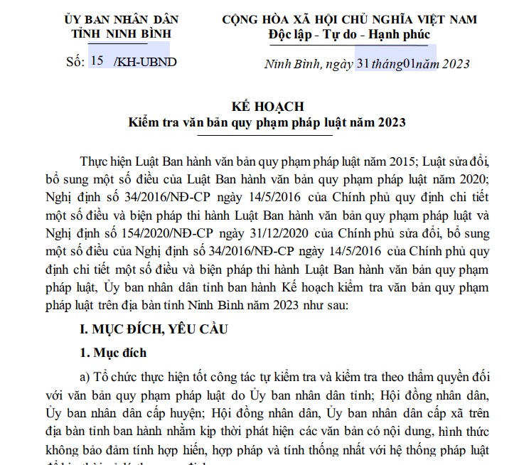Kế hoạch kiểm tra văn bản quy phạm pháp luật trên địa bàn tỉnh Ninh Bình  năm 2023
